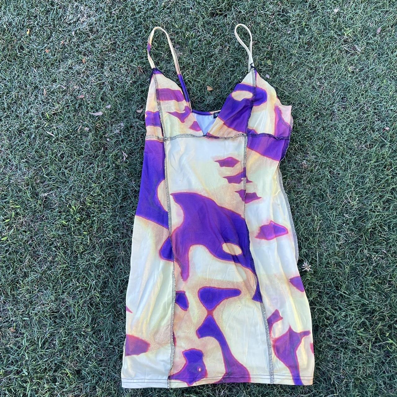 Women's Yellow and Purple Dress Depop