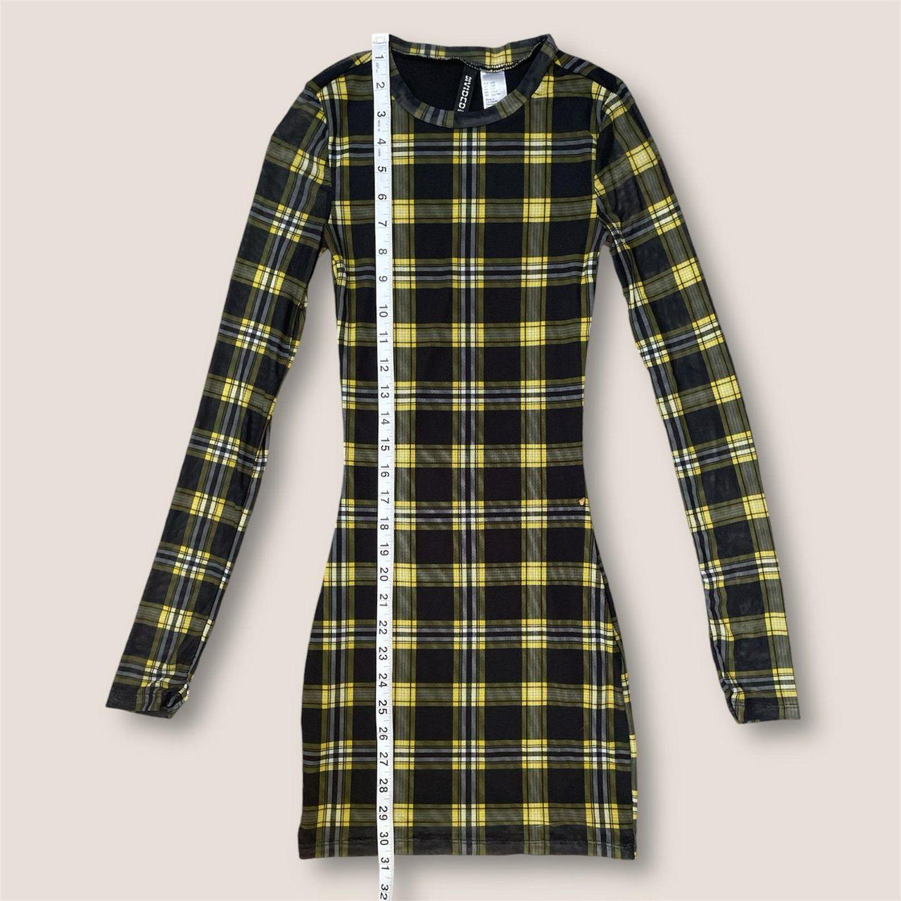 H M Yellow and Black Plaid Long Sleeve Bodycon Dress. Depop