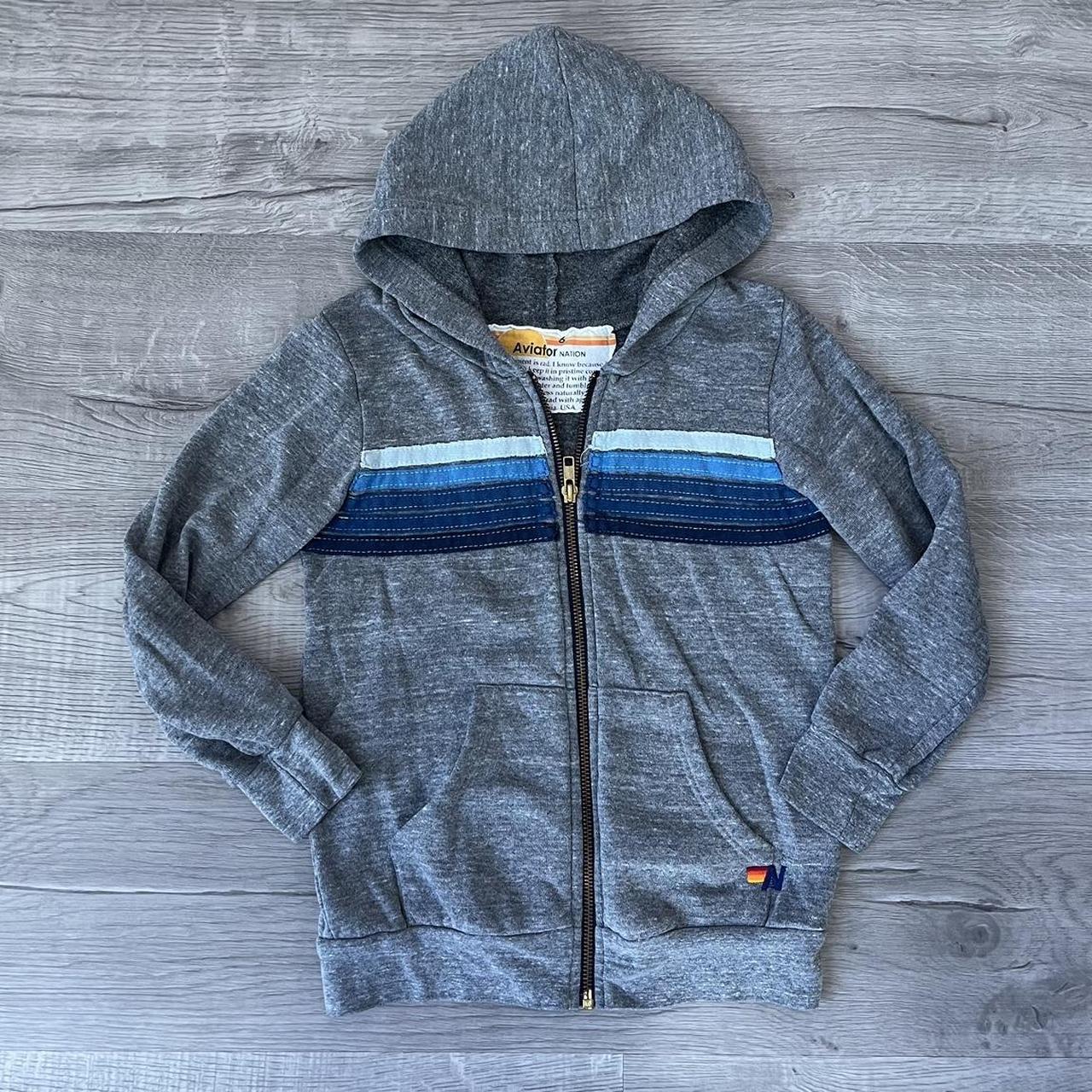 Aviator nation 5 stripe jacket in grey and blue... - Depop