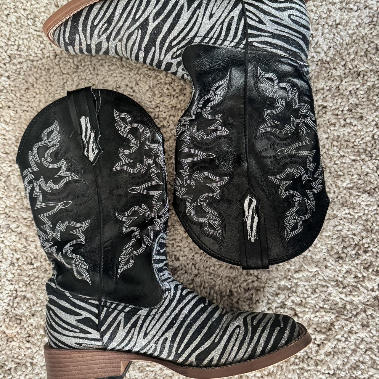 ROPER ZEBRA PRINT GLITTER SQUARE TOE BOOTS open to. Depop