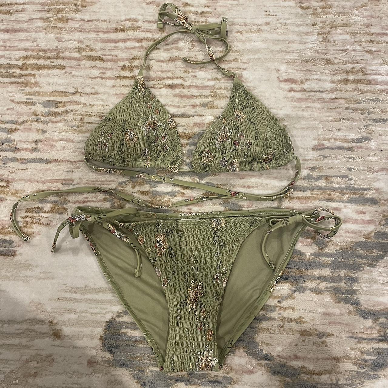 Green ruffle string swimsuit!! Both top and bottom... - Depop