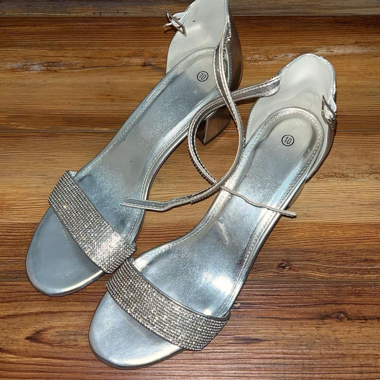 Silver rhinestone heels with a 1-2 inch heel