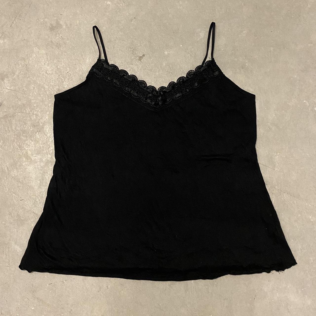 Black camisole. Lace trim hem at neckline with... - Depop