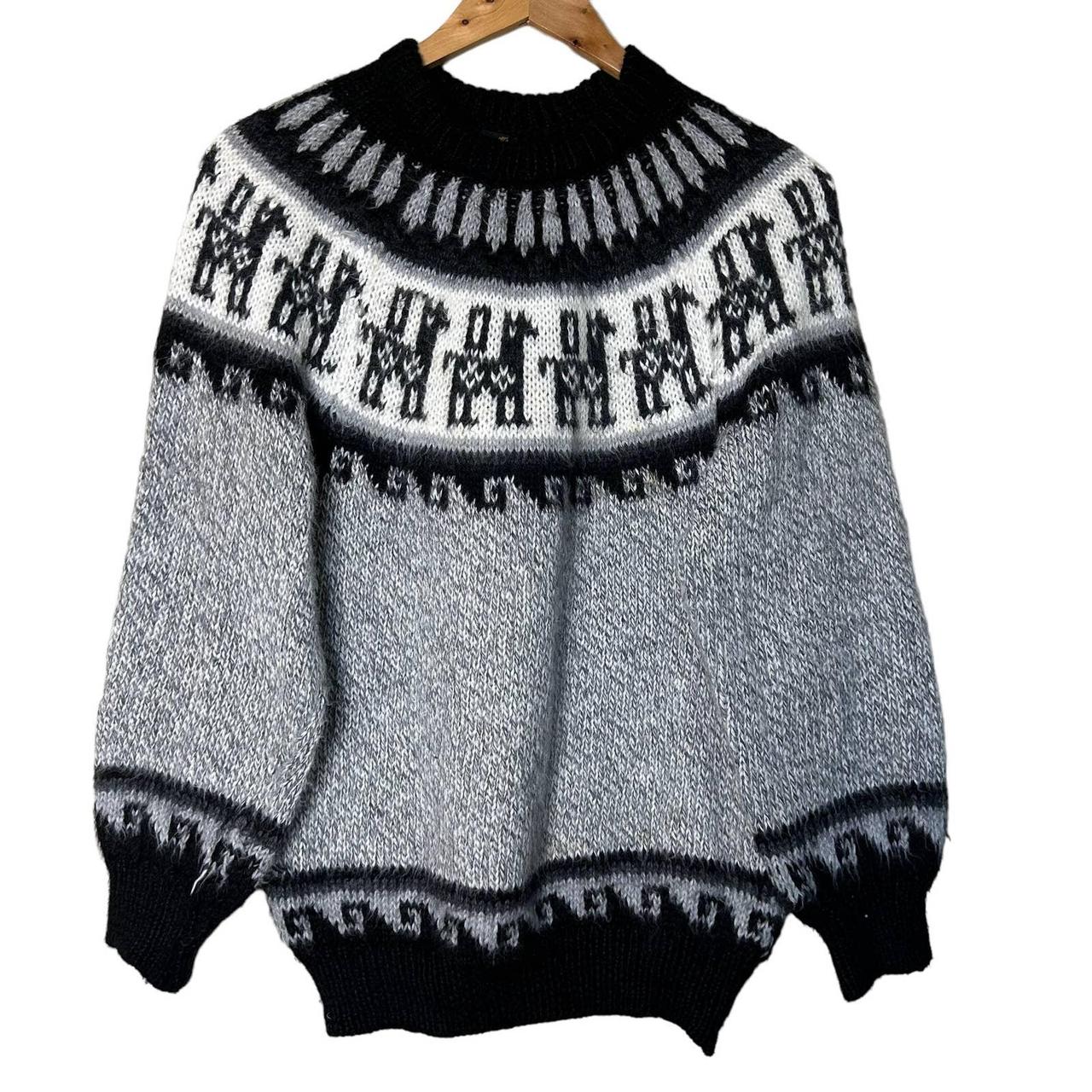 ALPACA Sweater Made in Peru Fair Isle Gray Black... Depop