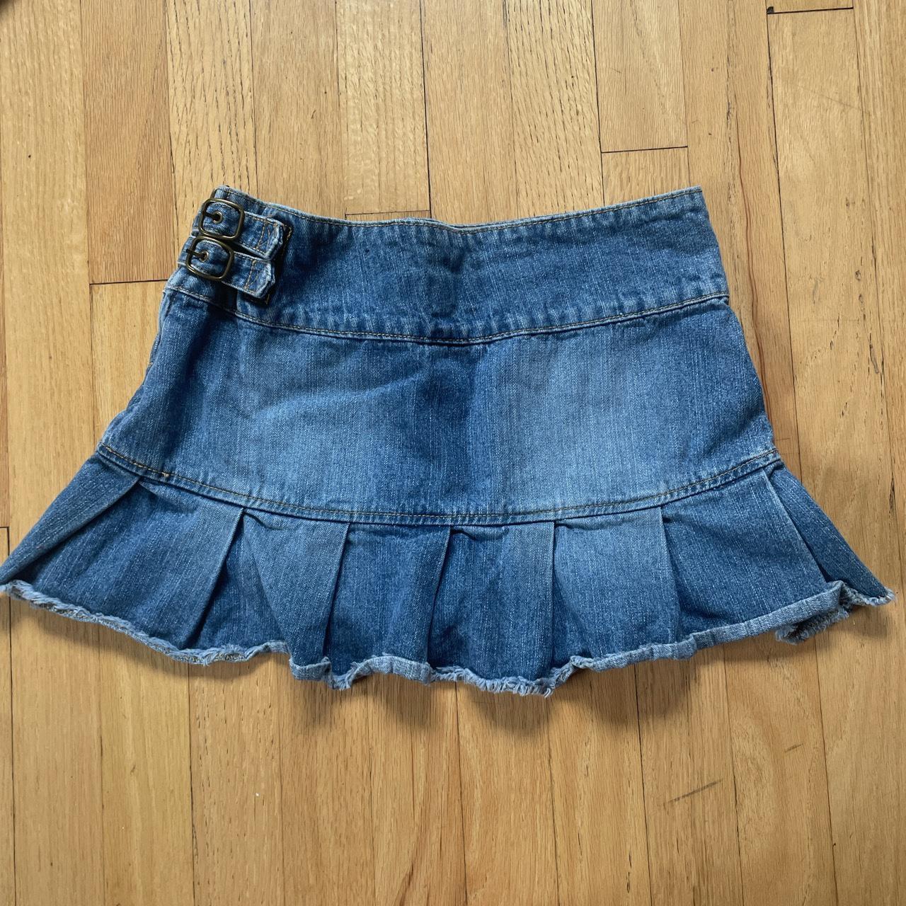 Grunge 2000s pleated mini jean skirt Size 1, waist... - Depop