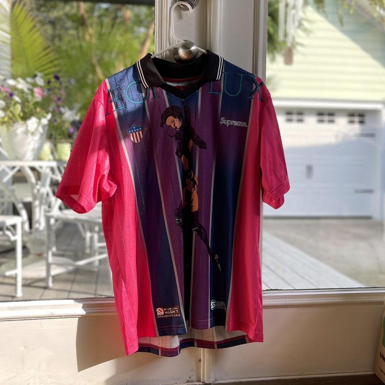 Supreme Men's Pink and Navy Shirt Depop
