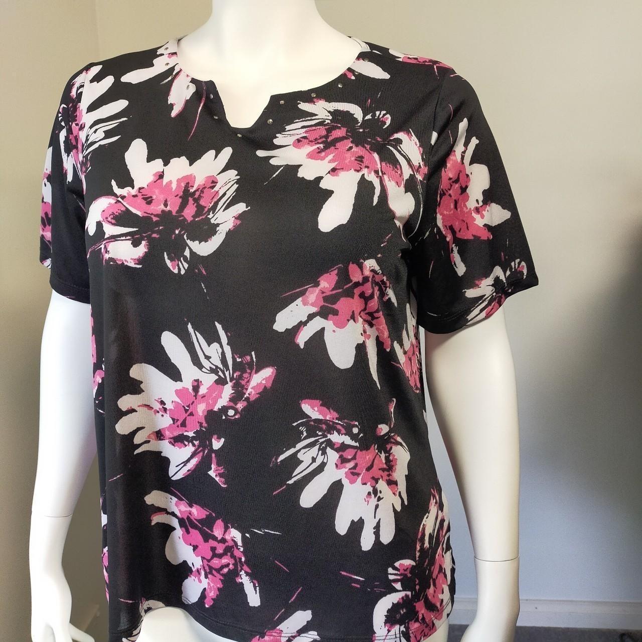 Black tee shirt with pink white floral motif and... - Depop