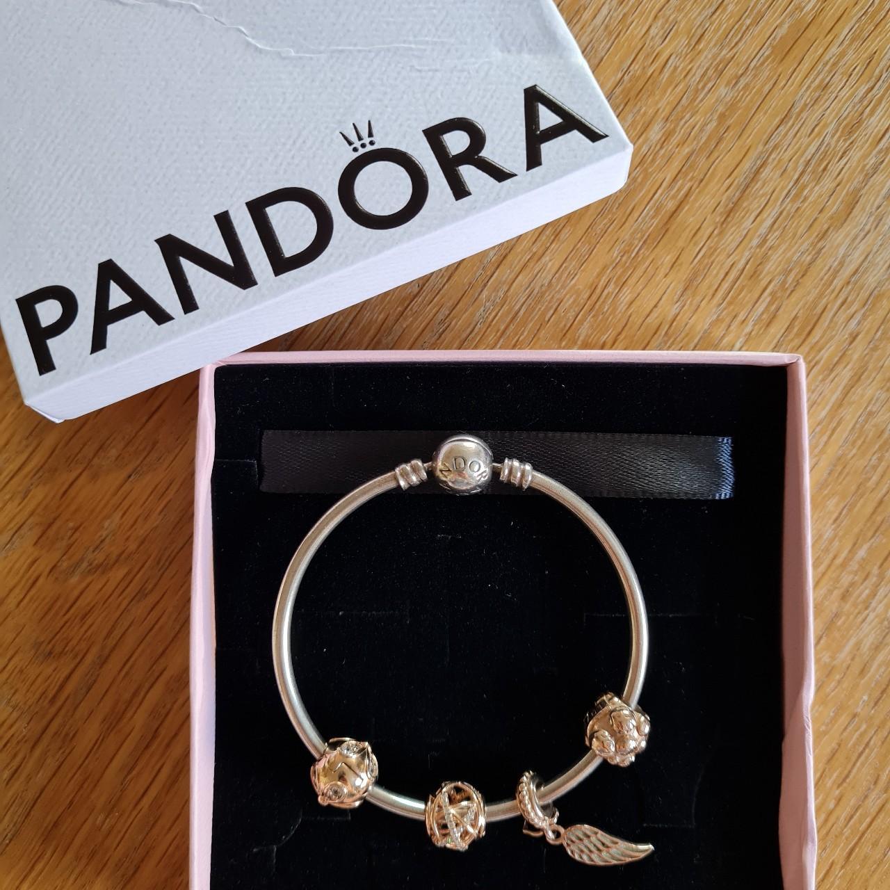 Pandora Silver Bangle With four Rose Gold... - Depop