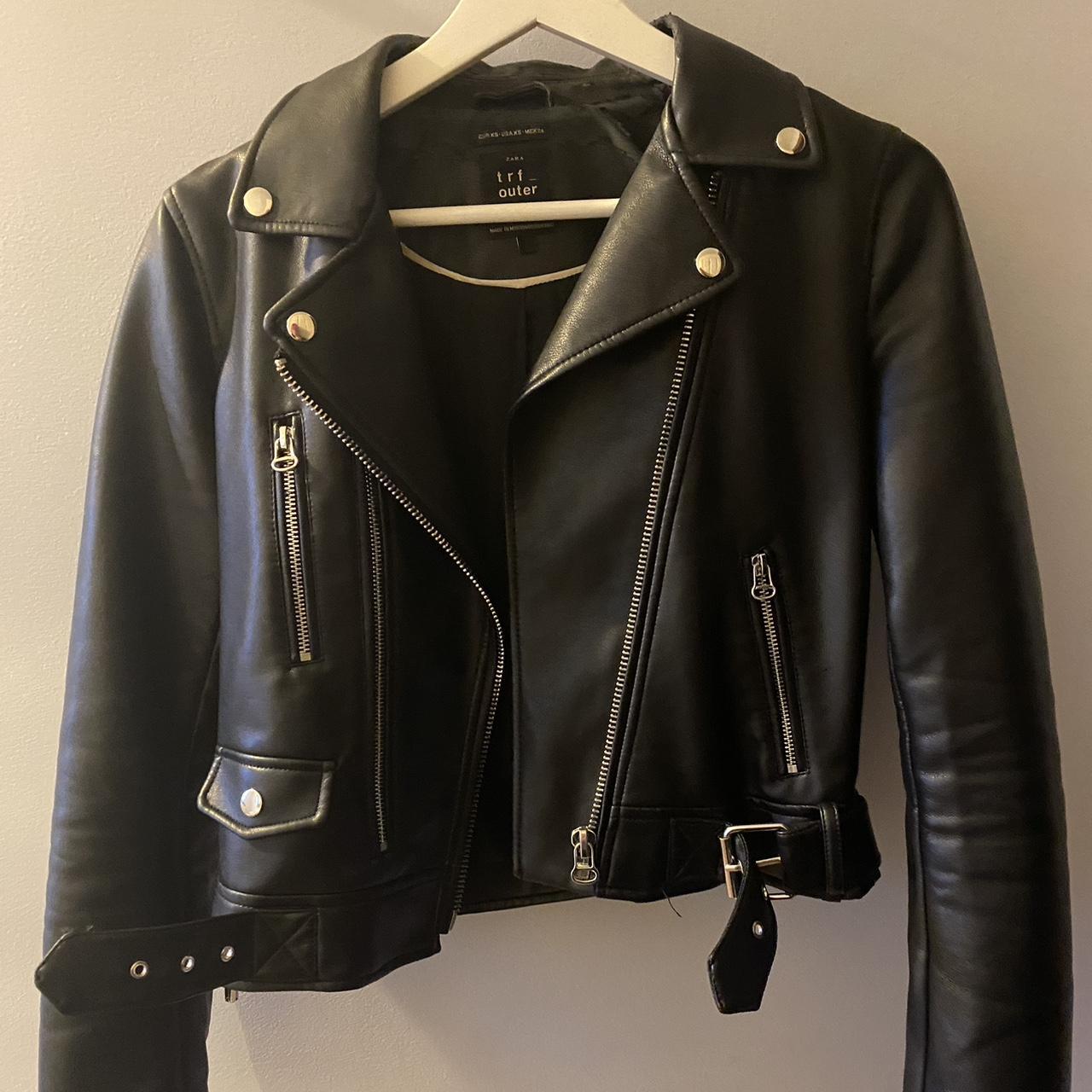 Zara leather biker jacket worn a lot but in very... - Depop