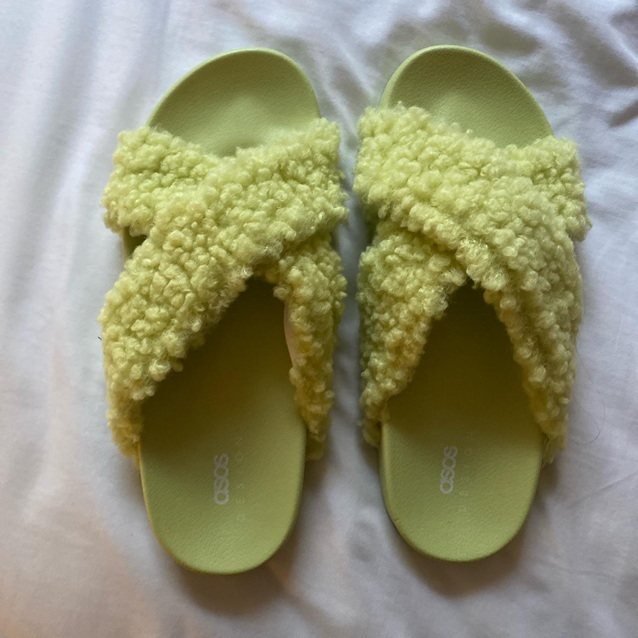 Green furry asos slides never worn size 9 and no... - Depop