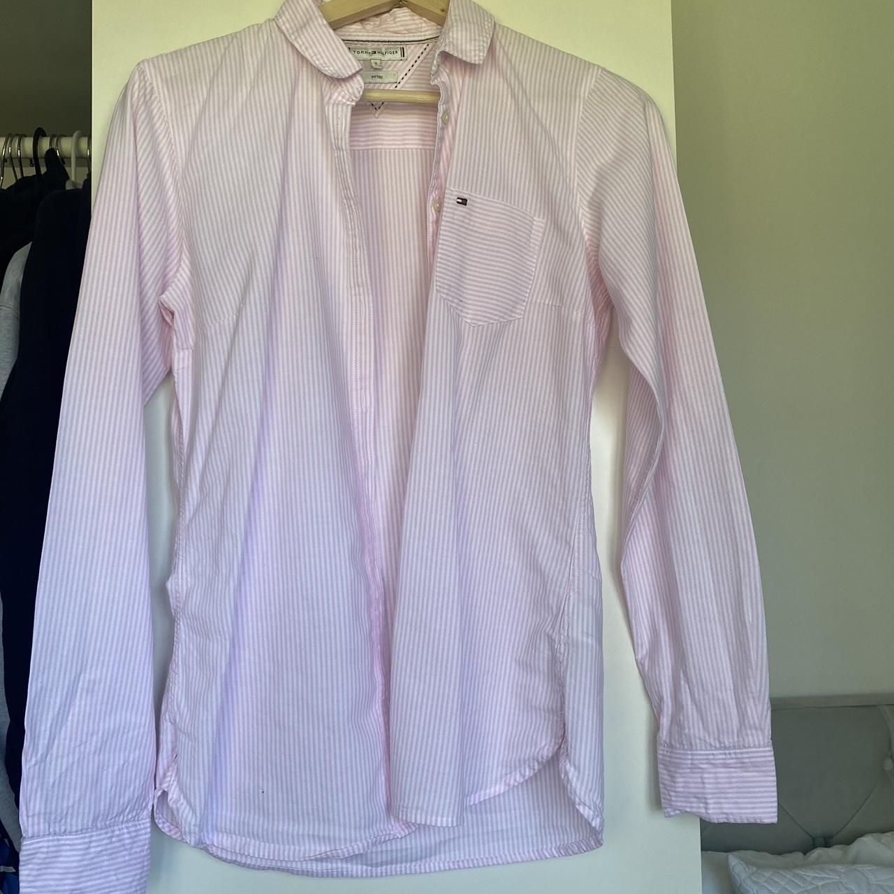 Pink and white striped Tommy Hilfiger fitted shirt -... - Depop