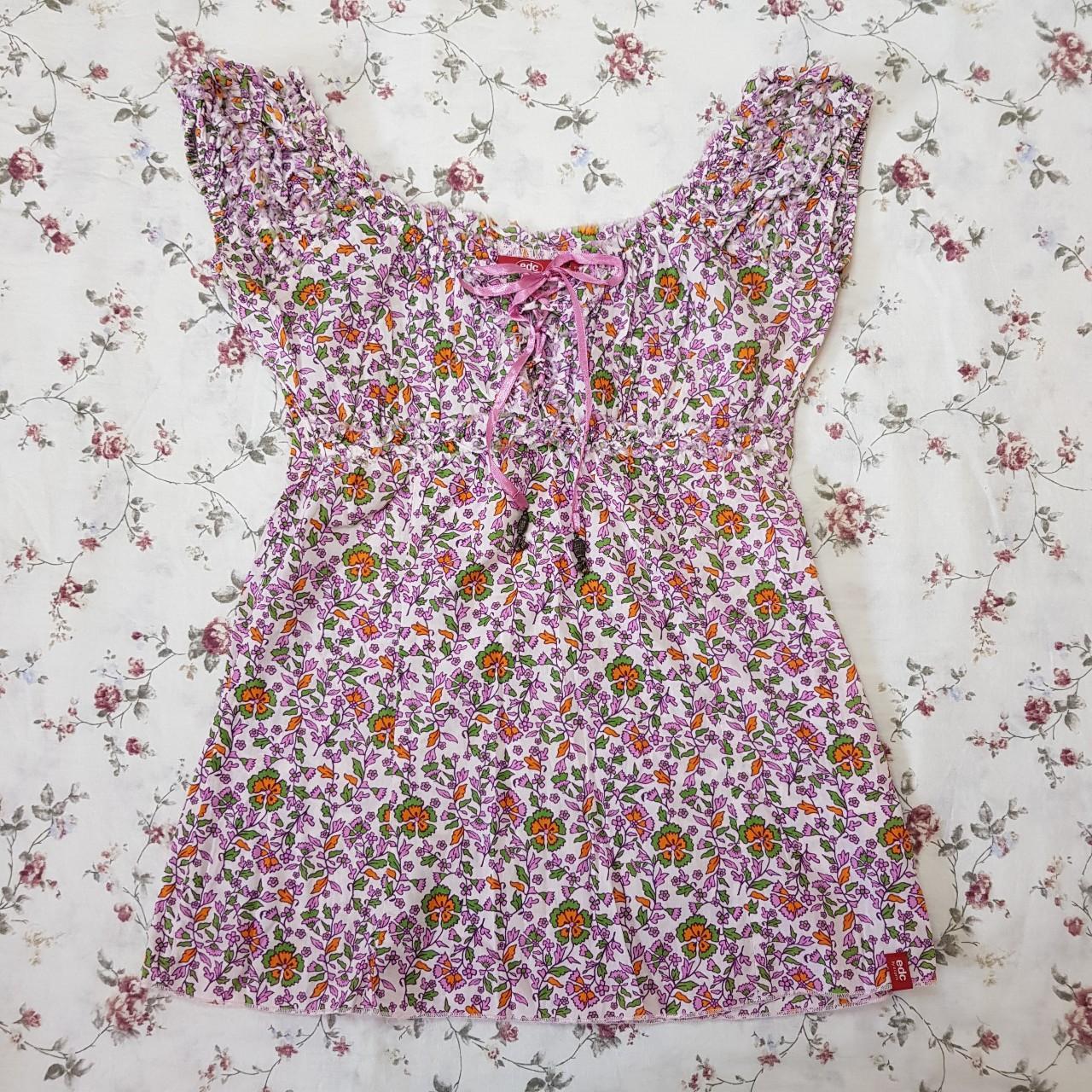 2000s Esprit pink/white milkmaid babydoll top... - Depop