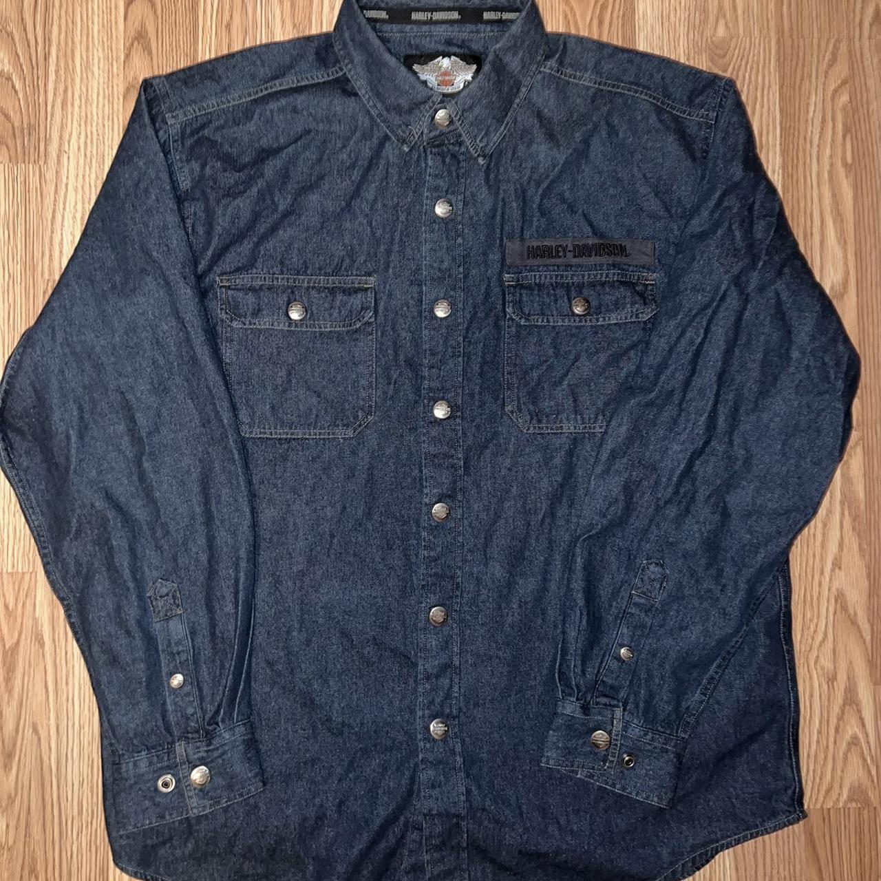 Vintage 90s Harley Davidson Denim Button Up Long... - Depop