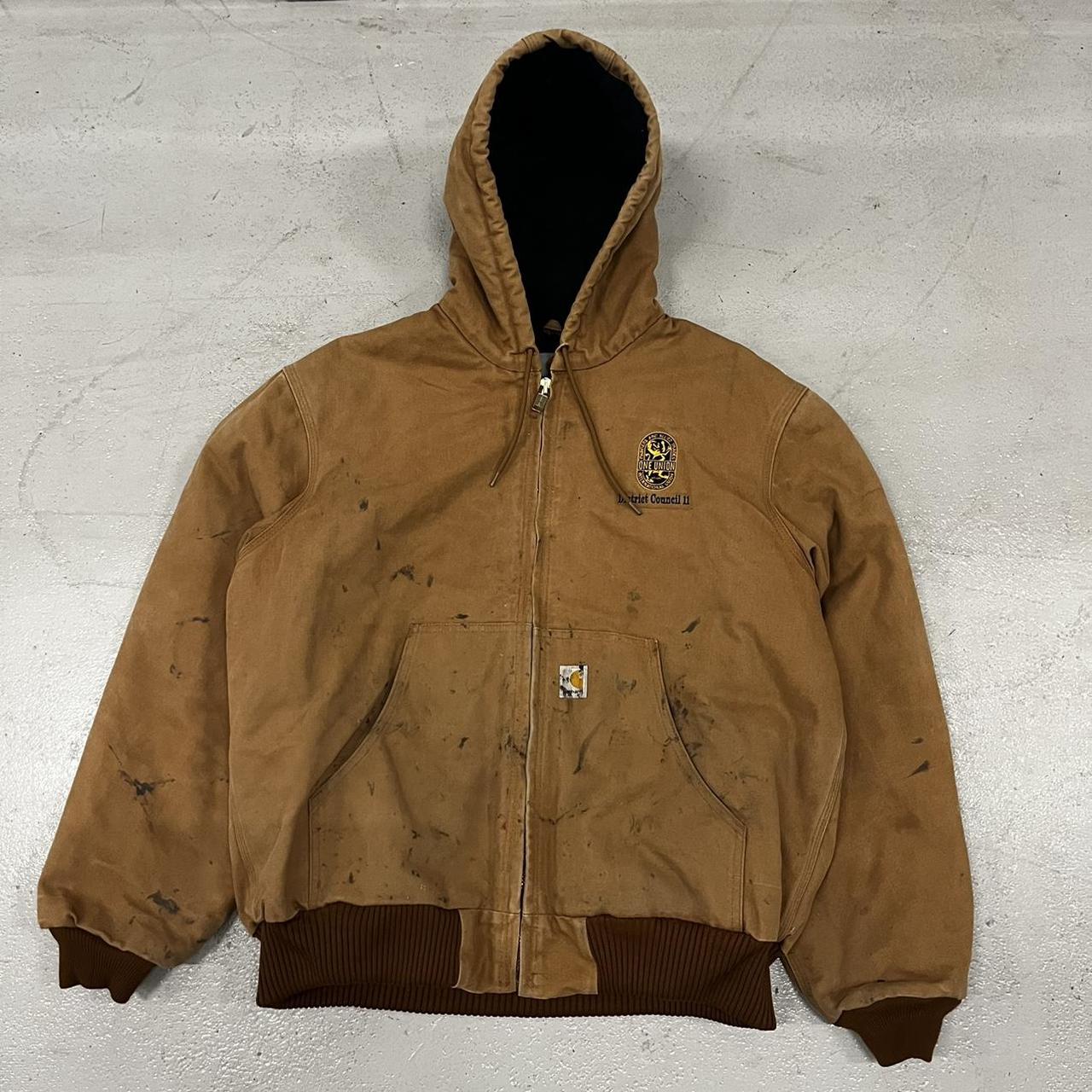 Vintage 90s Hooded grey carhartt jacket Size... - Depop