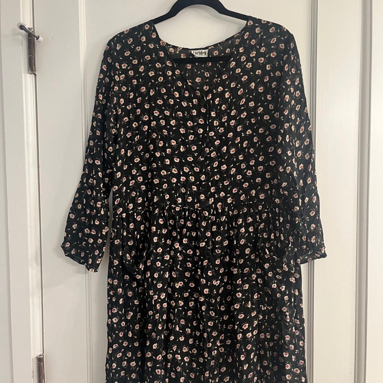 Vintage 90s Black Floral Babydoll Dress front right... - Depop