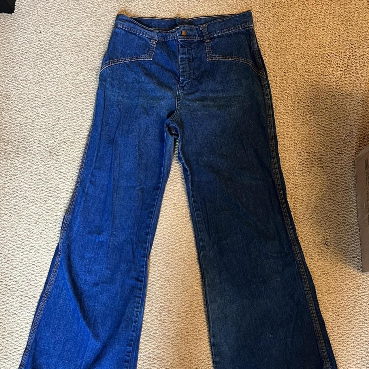Vintage authentic 70s plush bottom flare jeans. Dark... Depop
