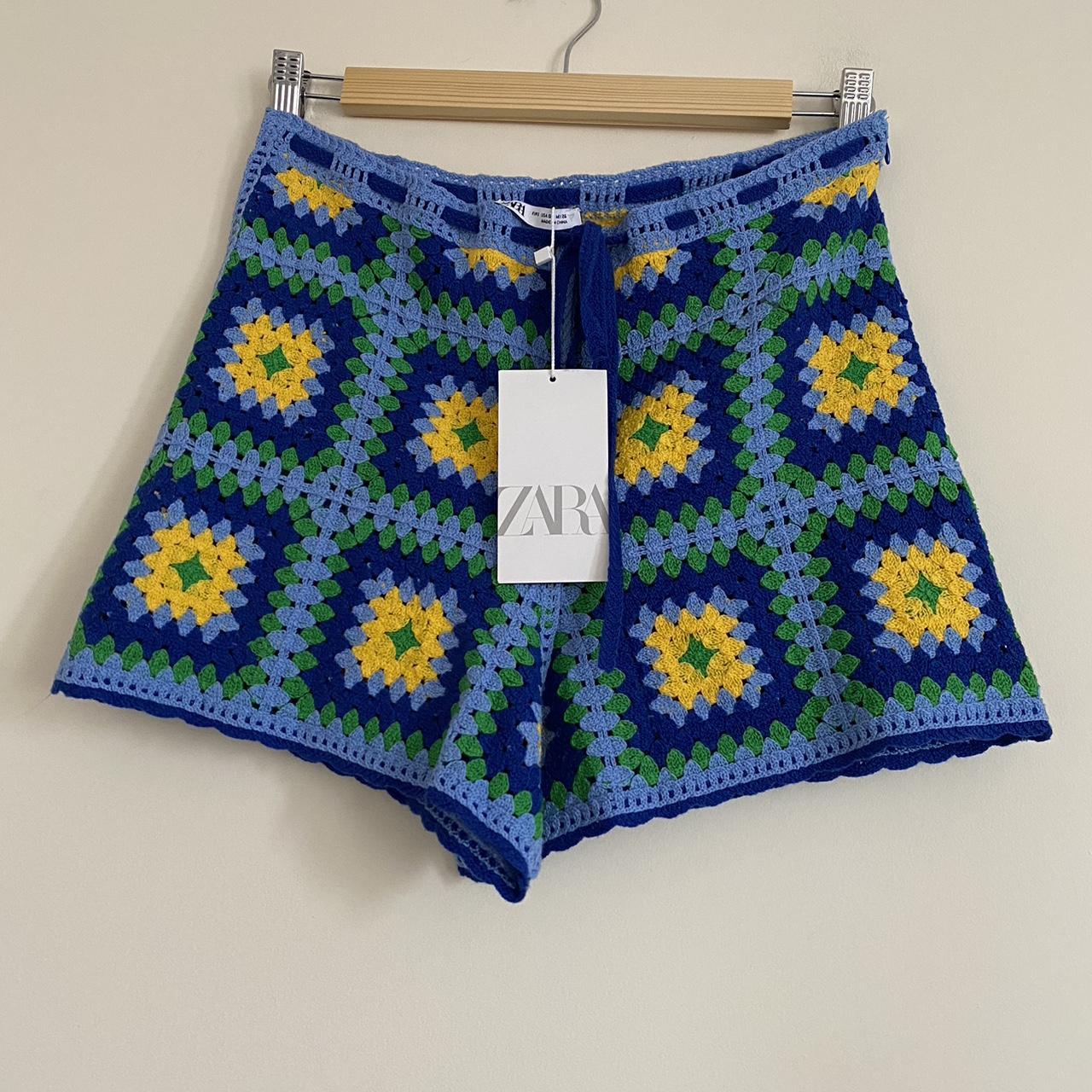 Zara crochet shorts Blues/yellow Size S Brand new... Depop