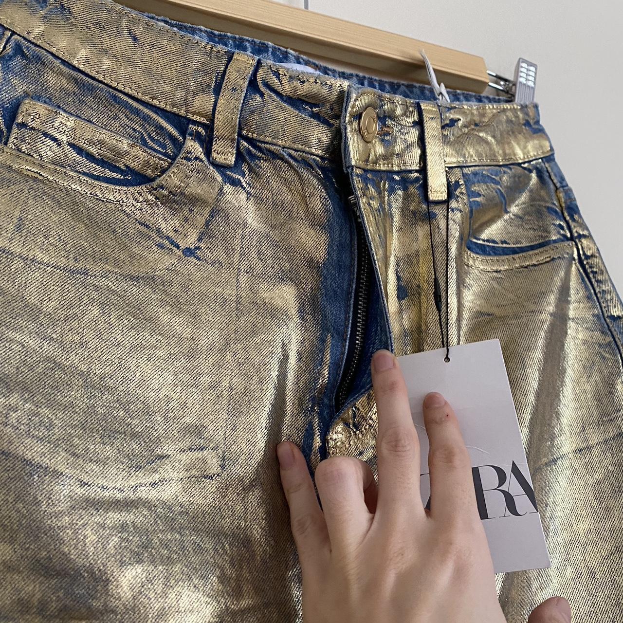 Zara Z1975 metallic denim skirt, Mid-blue/gold, size