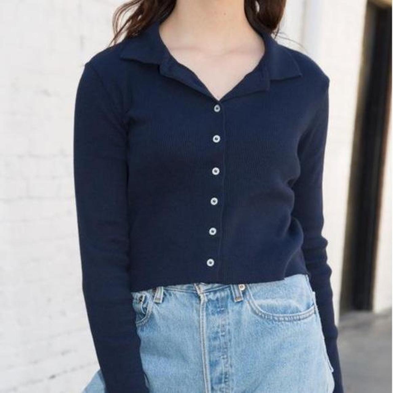 brandy melville caroline top ribbed long sleeve navy... - Depop