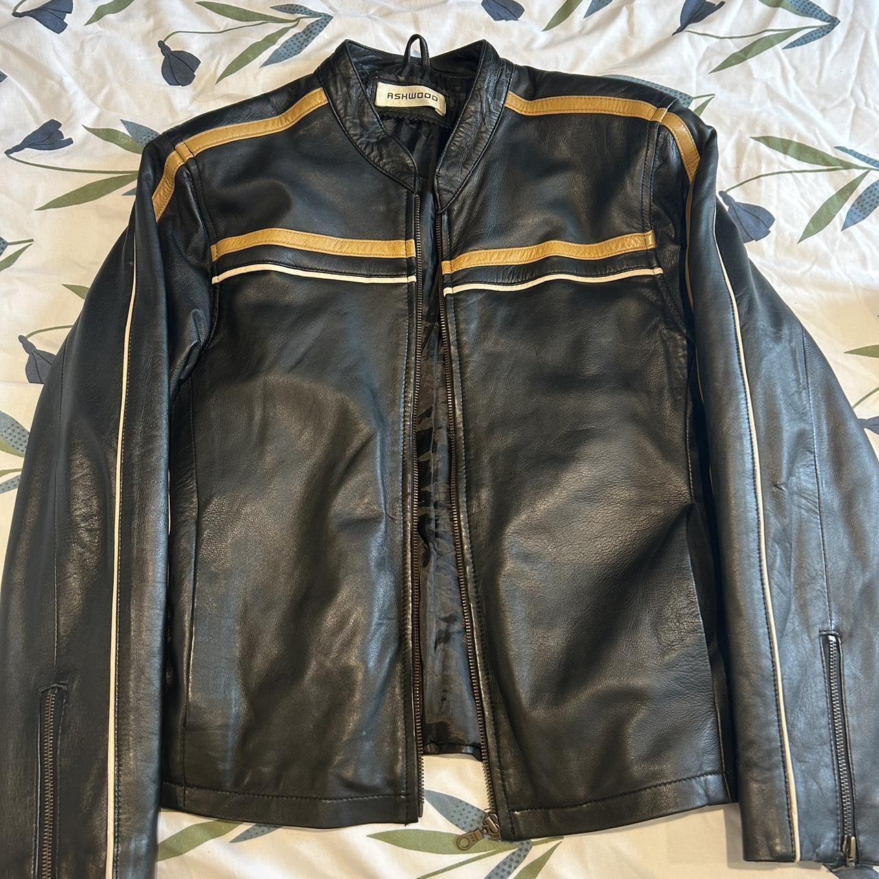 Black leather jacket with Yellow stripes along the... - Depop