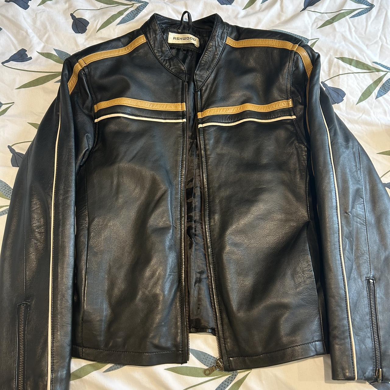 Black leather jacket with Yellow stripes along the... - Depop