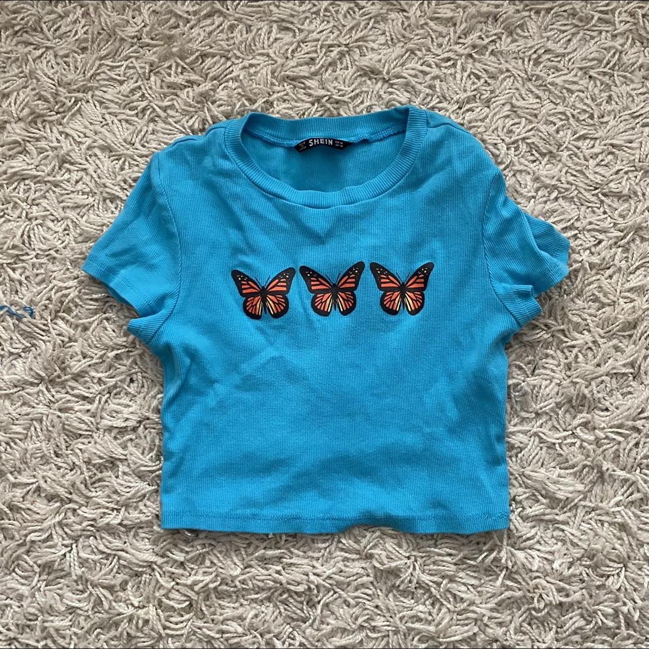 Shein Blue Crop Top with Butterflies Size:... - Depop