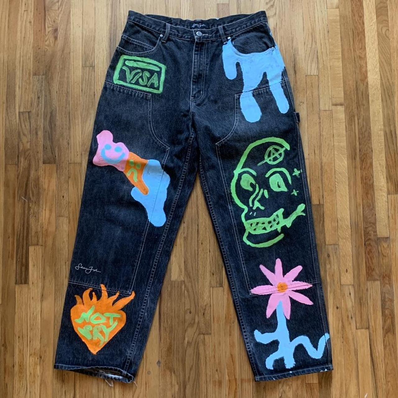 custom jeans painted all by hand - Depop