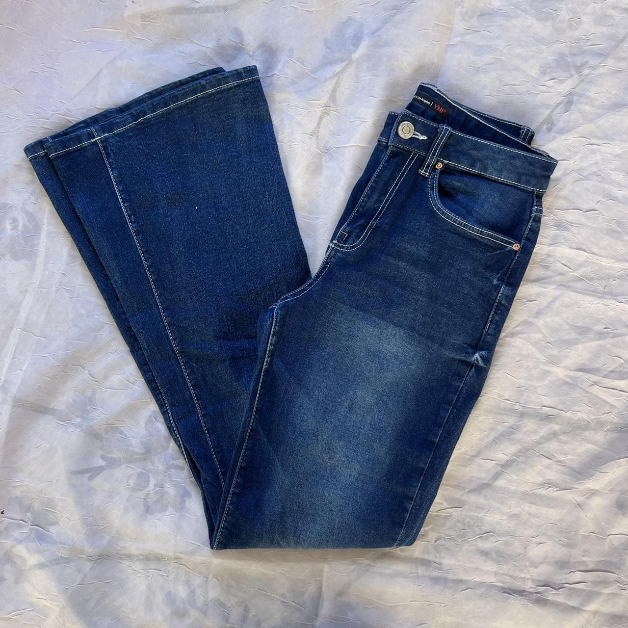 Dark Blue Flare Jeans with White Stitching Size: 5 -... - Depop