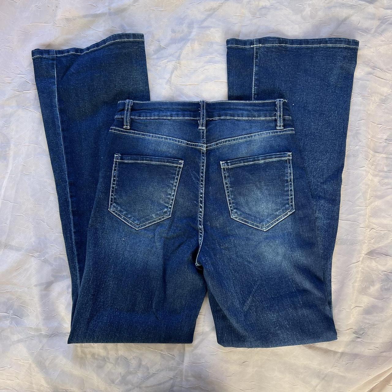 Dark Blue Flare Jeans with White Stitching Size: 5 -... - Depop