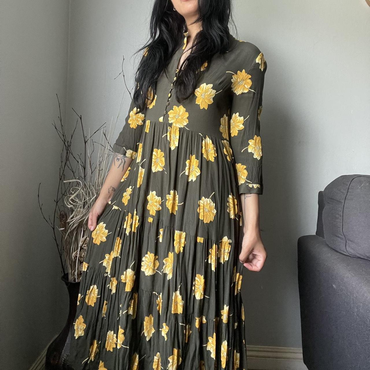 Madewell Women's Green and Yellow Dress Depop