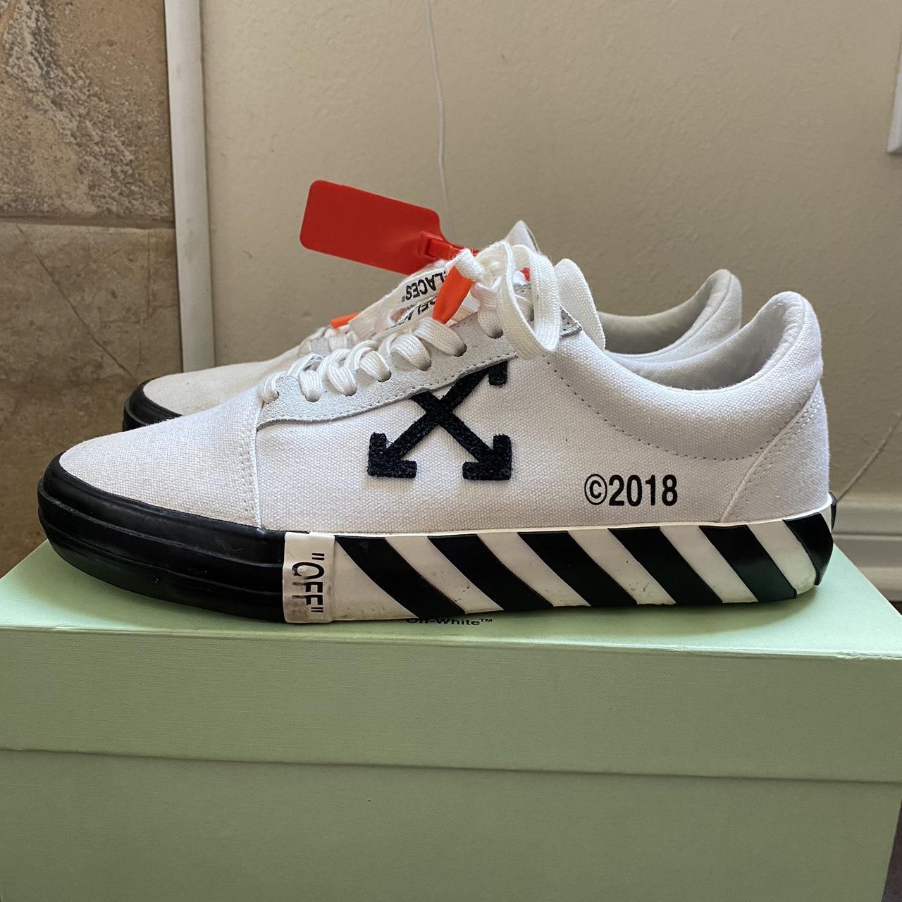2018 OFF-WHITE Vulc Low White (Updated Stripes)... - Depop