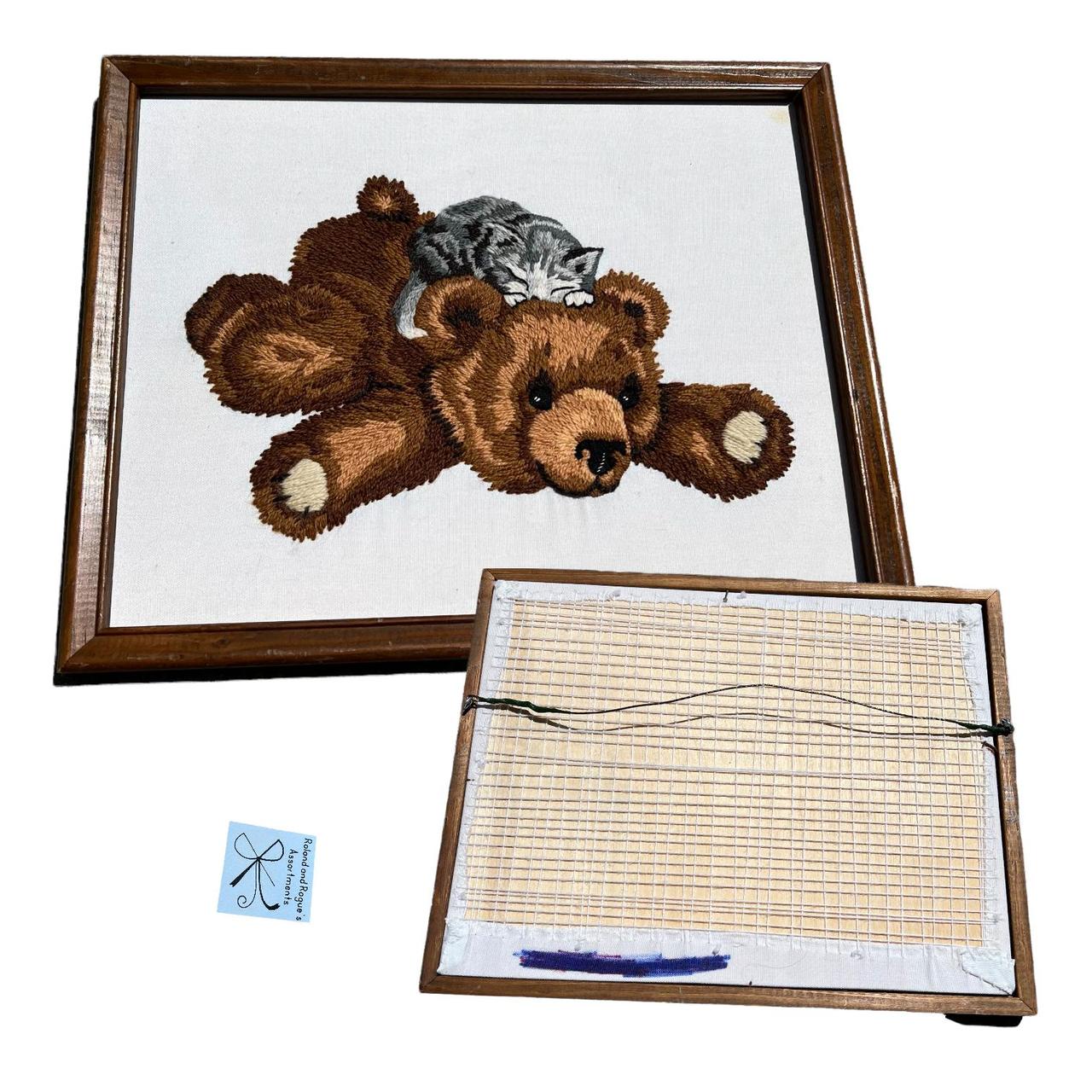 Framed Crewel Yarn Art Sleeping Kitten on Teddy Bear... Depop