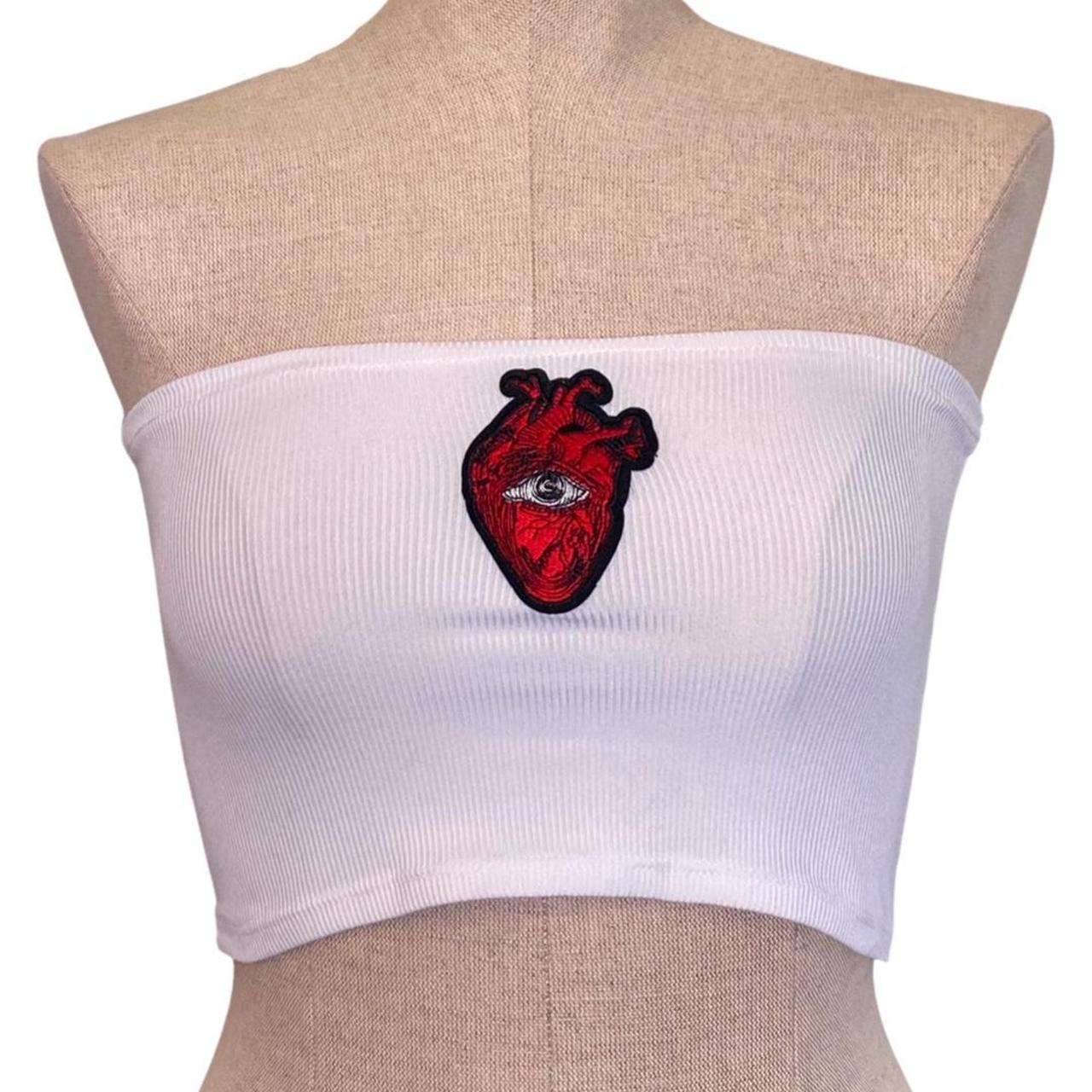 White Ribbed Heart Patch Tube Top Grungy/pink white... - Depop