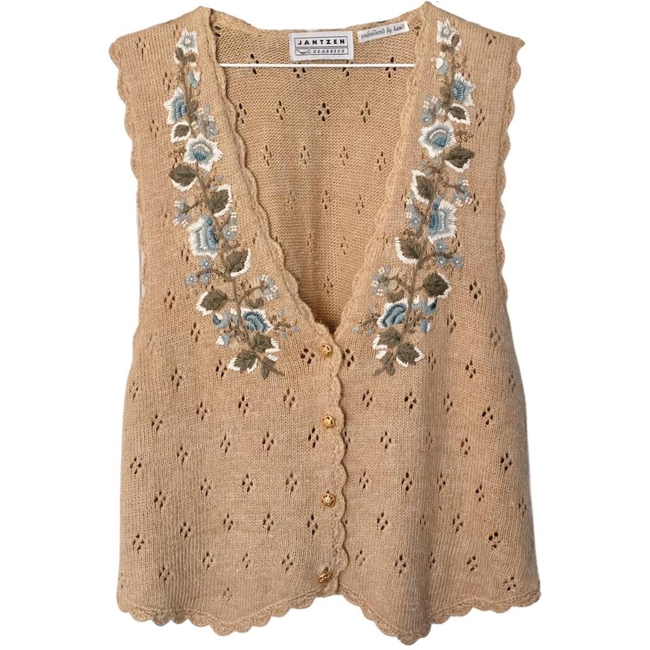 Beige Floral Embroidered Knitted Vest Adorable Depop