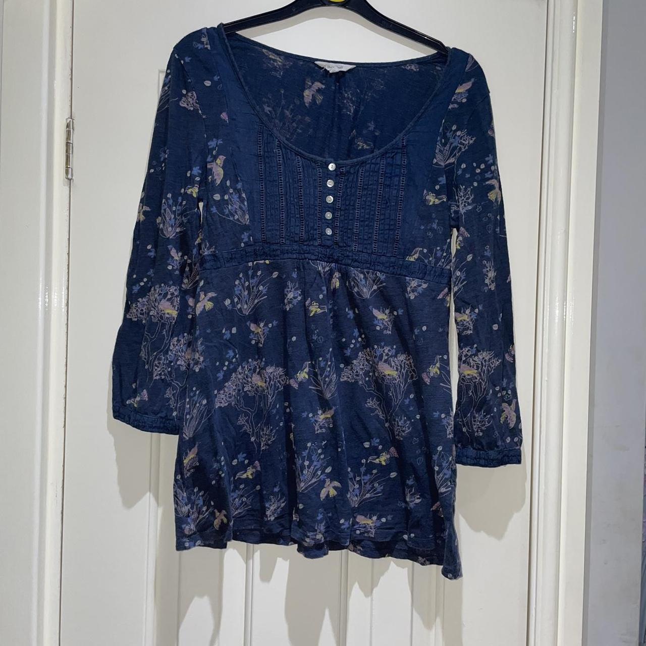 White Stuff Navy Blue Bird Floral Print Tunic Top... - Depop