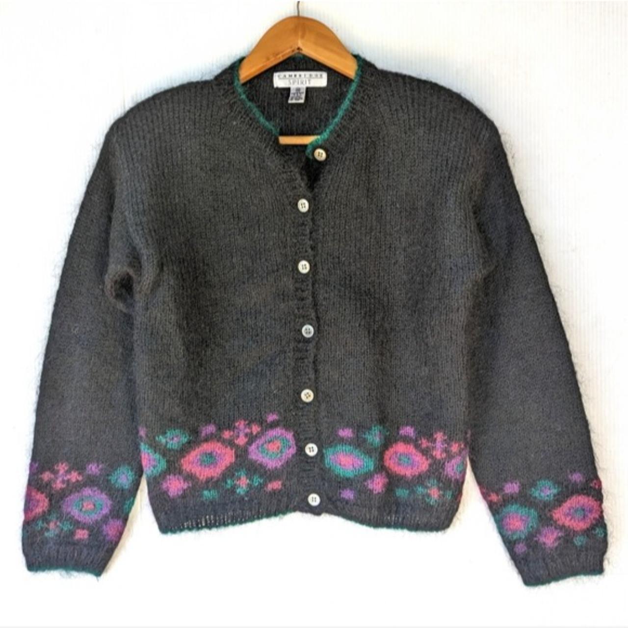 VINTAGE Black knit bright floral mohair wool... - Depop