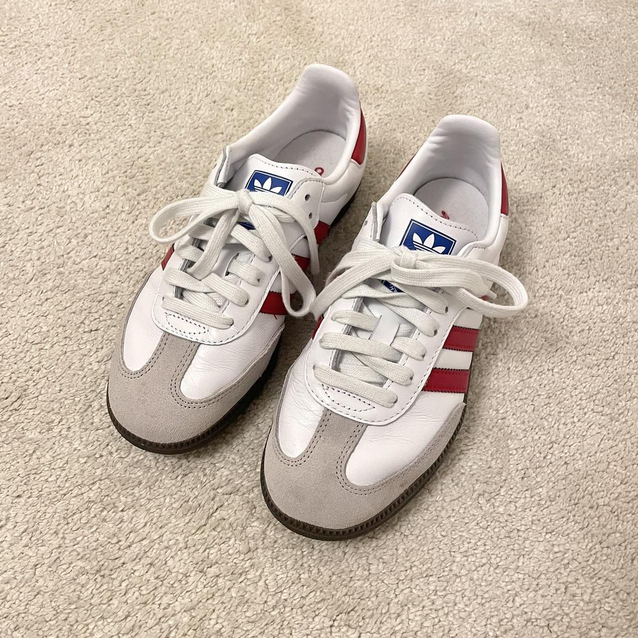 White and red strip adidas sambas | size 4.5 UK |... - Depop