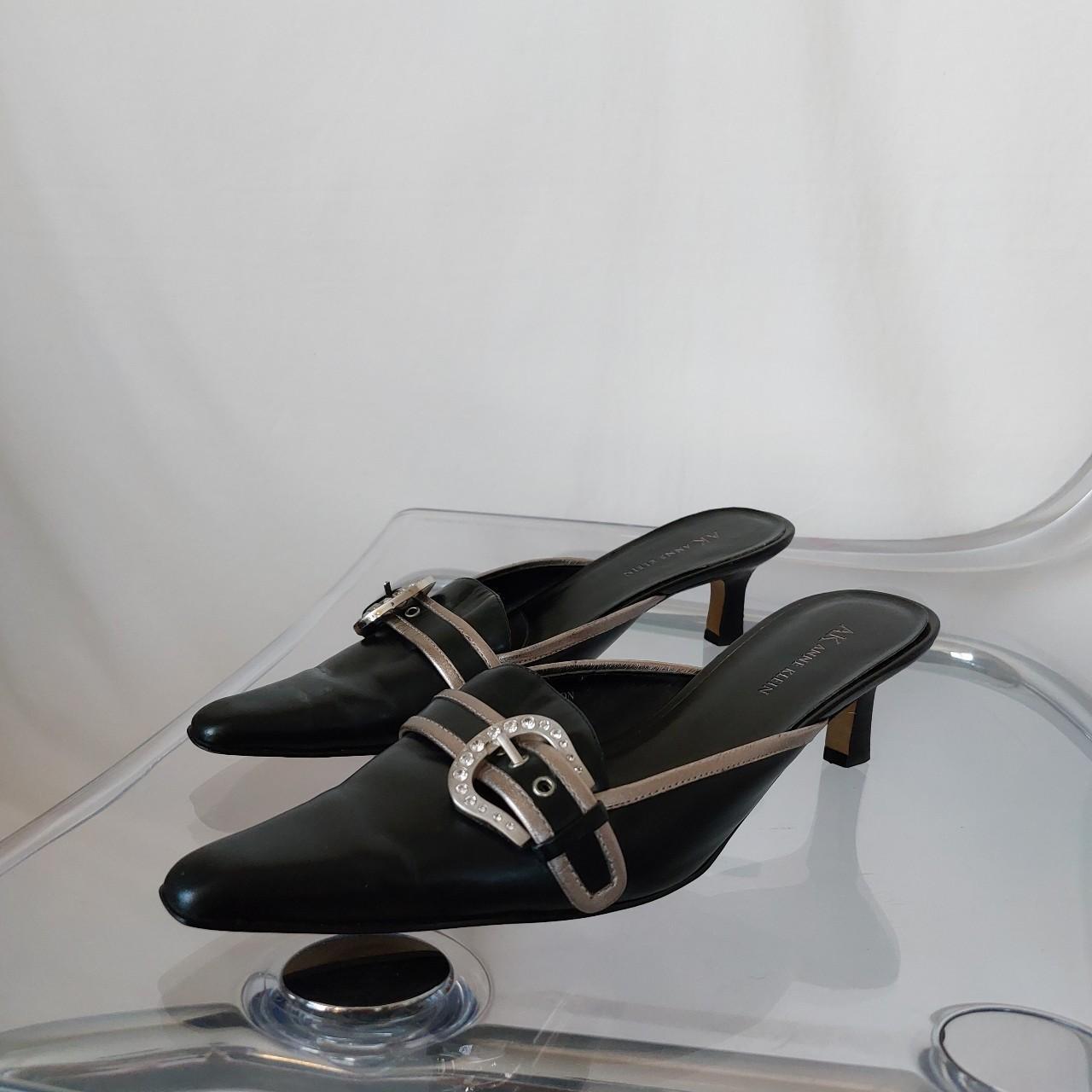 Anne Klein Women's Black and Silver Mules | Depop