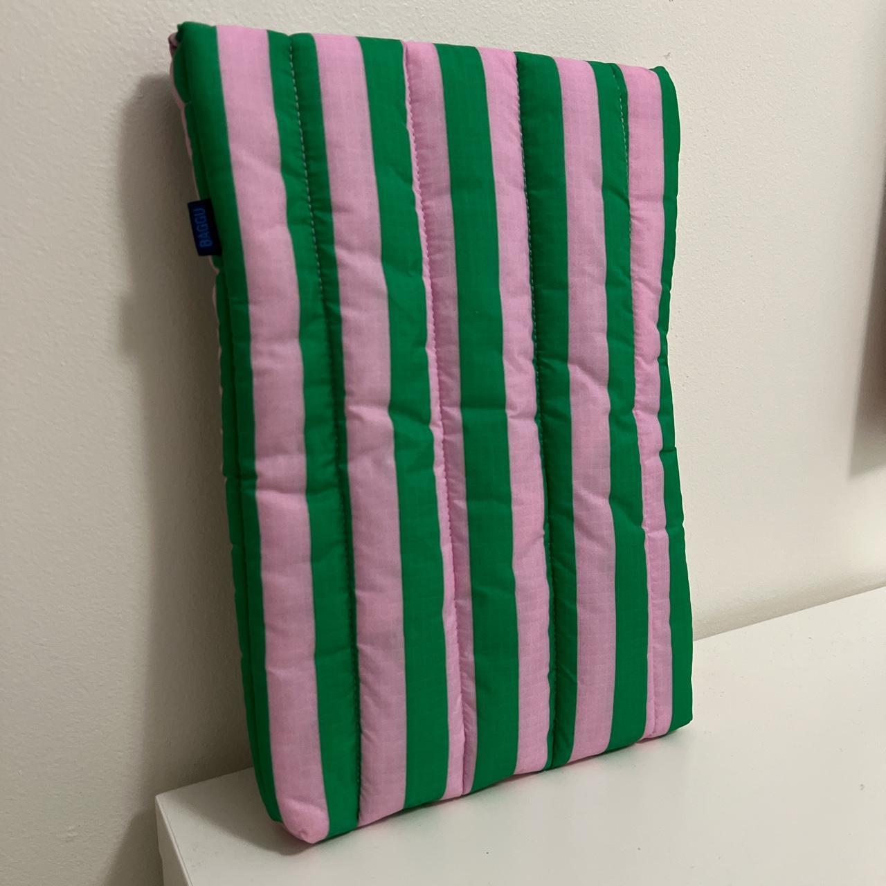 Baggu Puffy Laptop Sleeve Pink and Green Stripe... Depop
