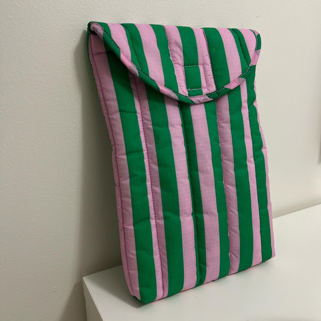 Baggu Puffy Laptop Sleeve Pink and Green Stripe... Depop