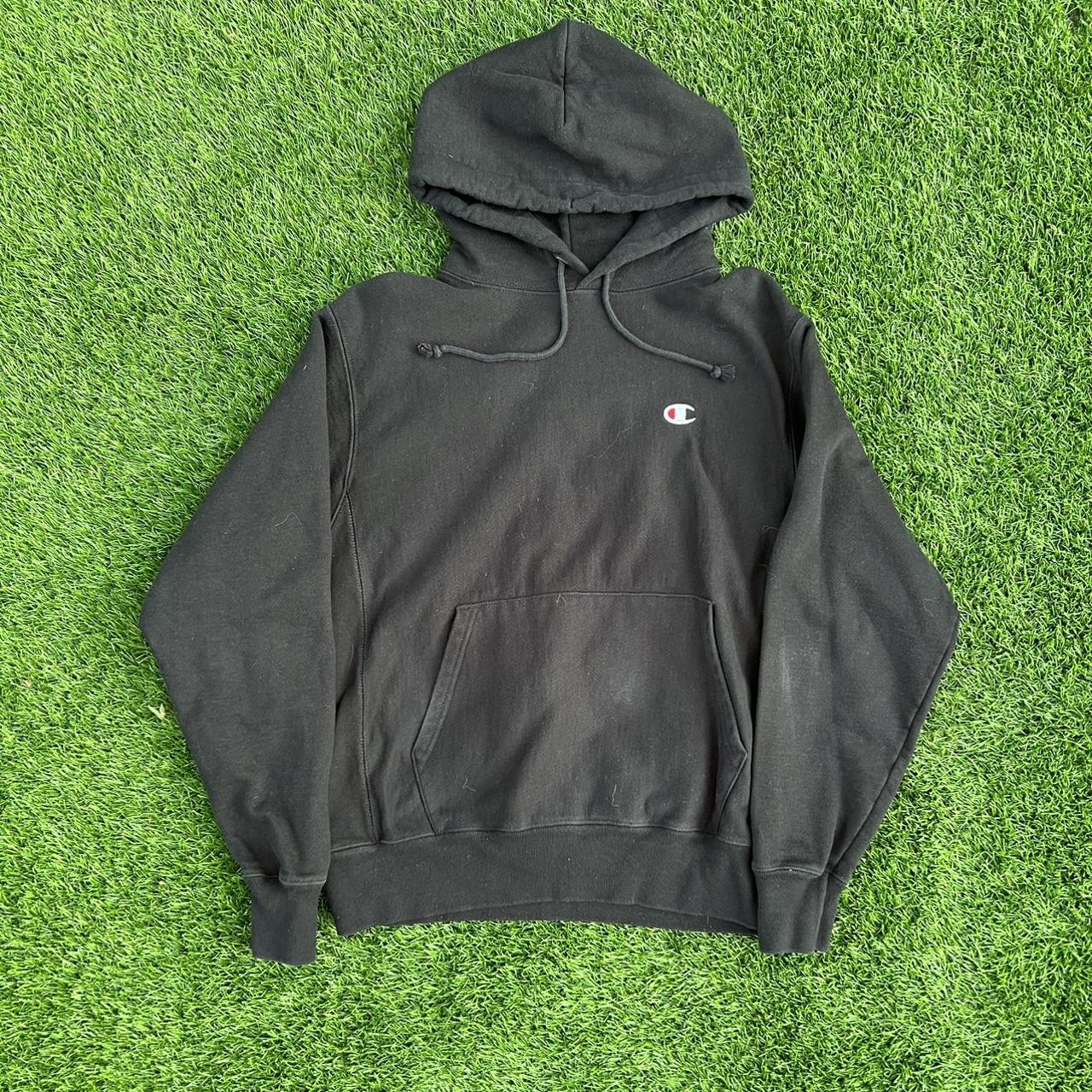 black hoodie champion reverse weave small logo medium Depop