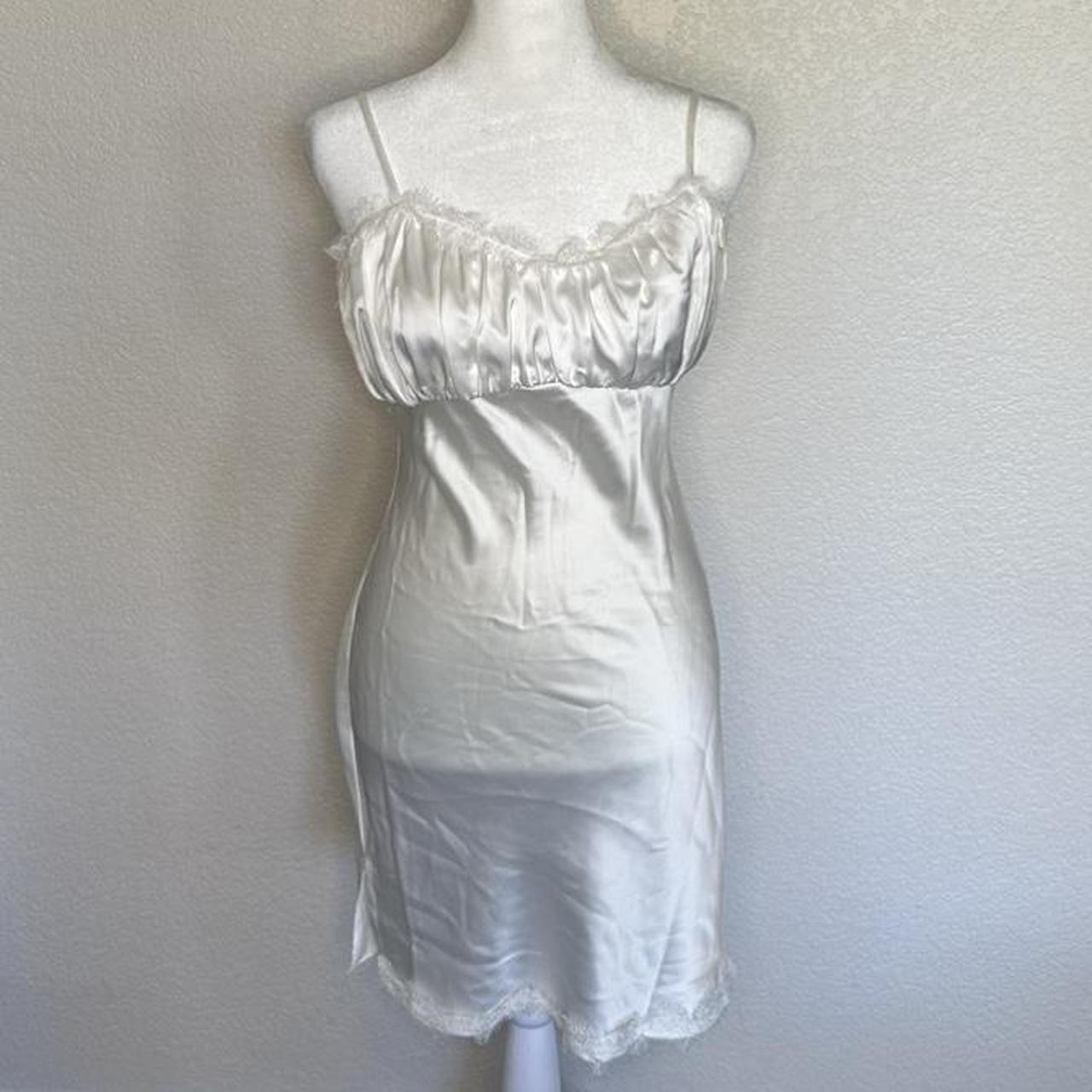 White Satin Silk Dress. Soft fabric and lace trim!... - Depop