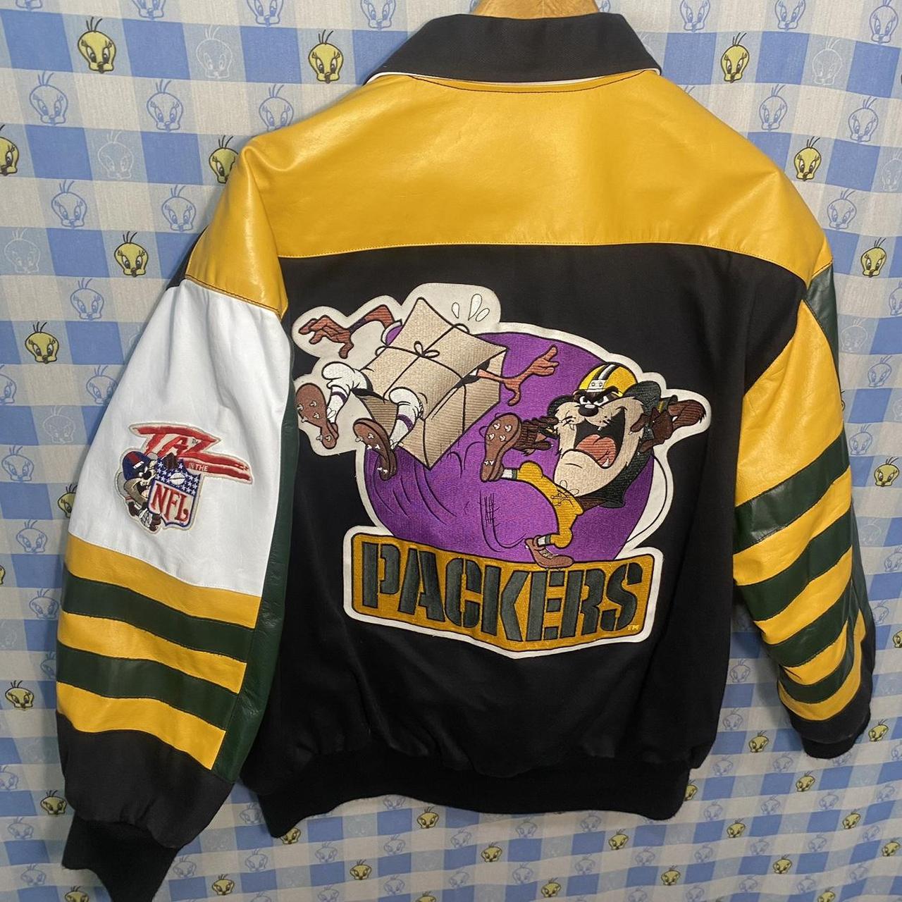 Packers Taz Leather Jacket Green Bay Packers 1990s... - Depop