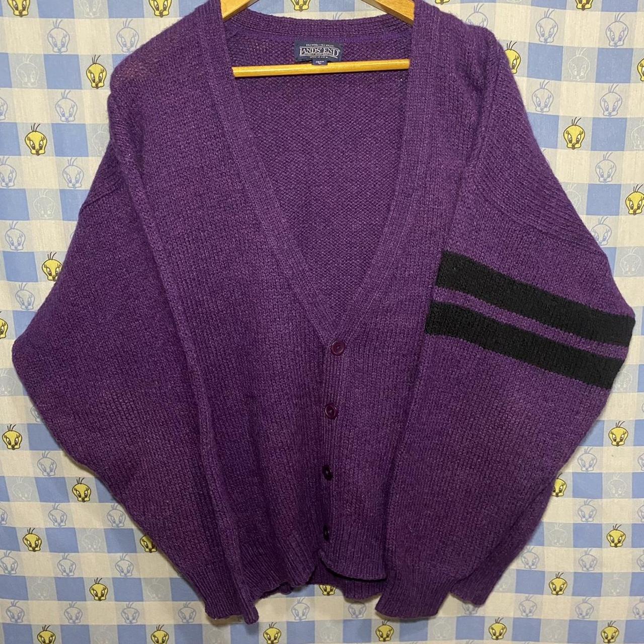 Purple Wool Cardigan Vintage Land’s End, 2 Stripes... Depop