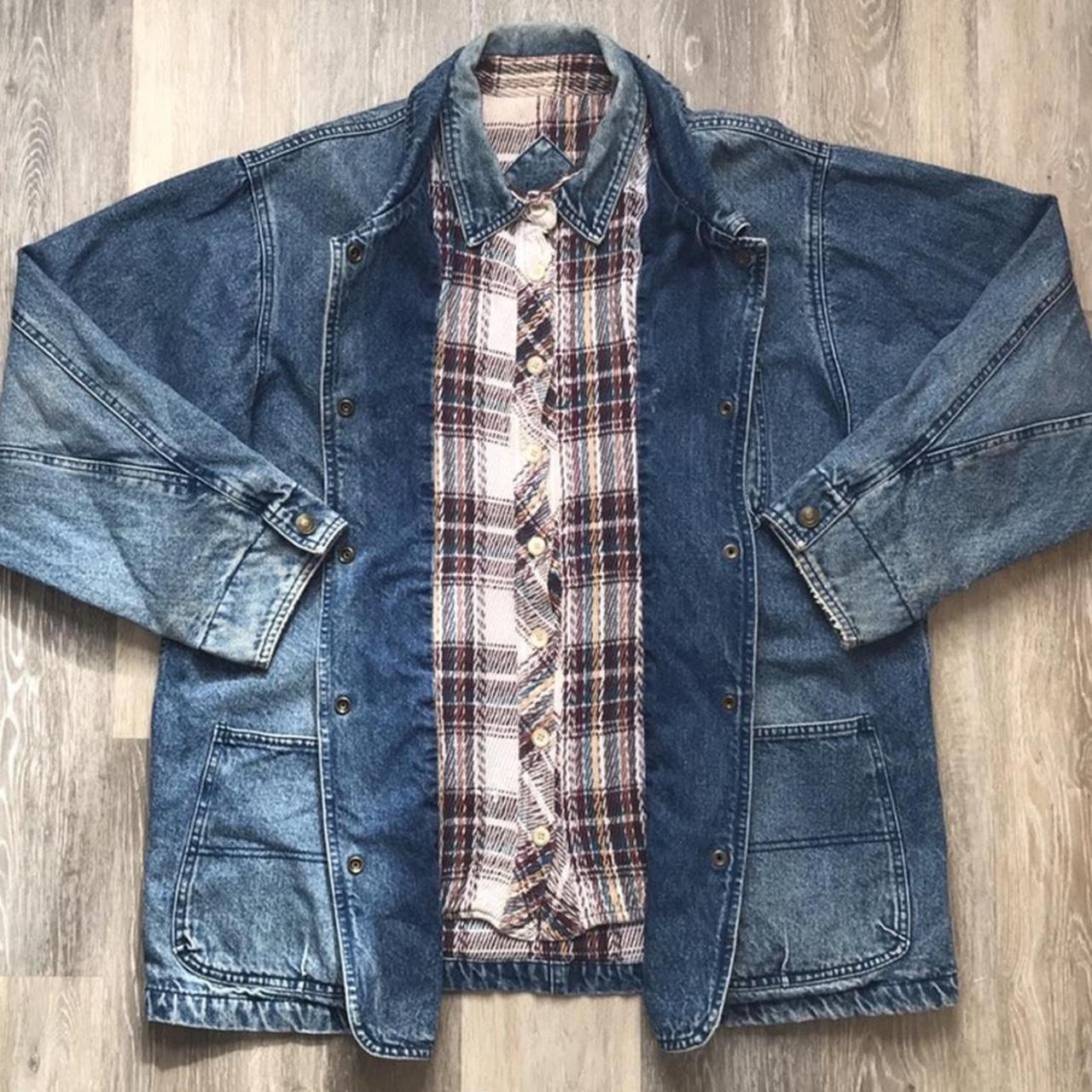 90’s vintage denim coat with sewn in flannel shirt... - Depop