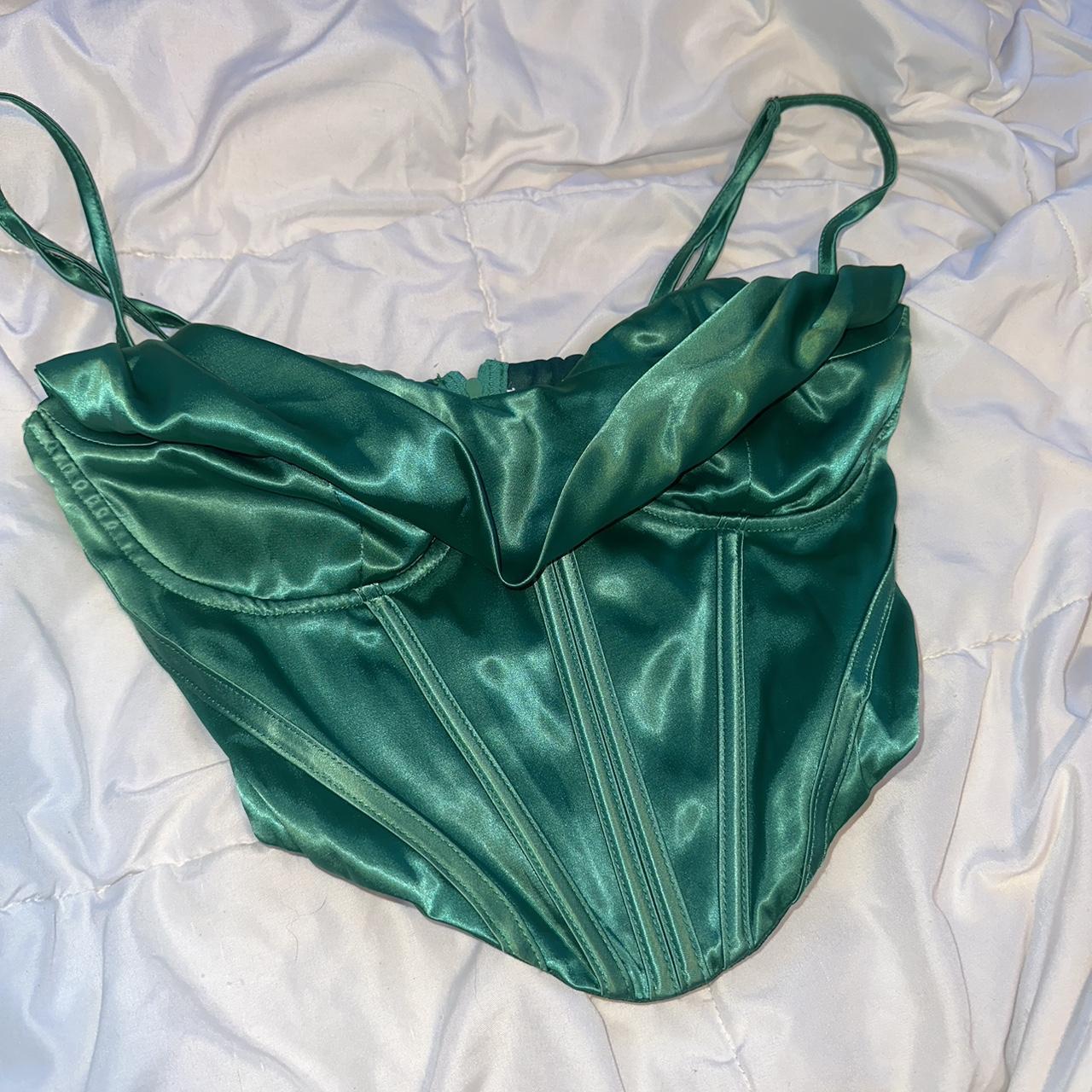 Green silky corset top - Depop