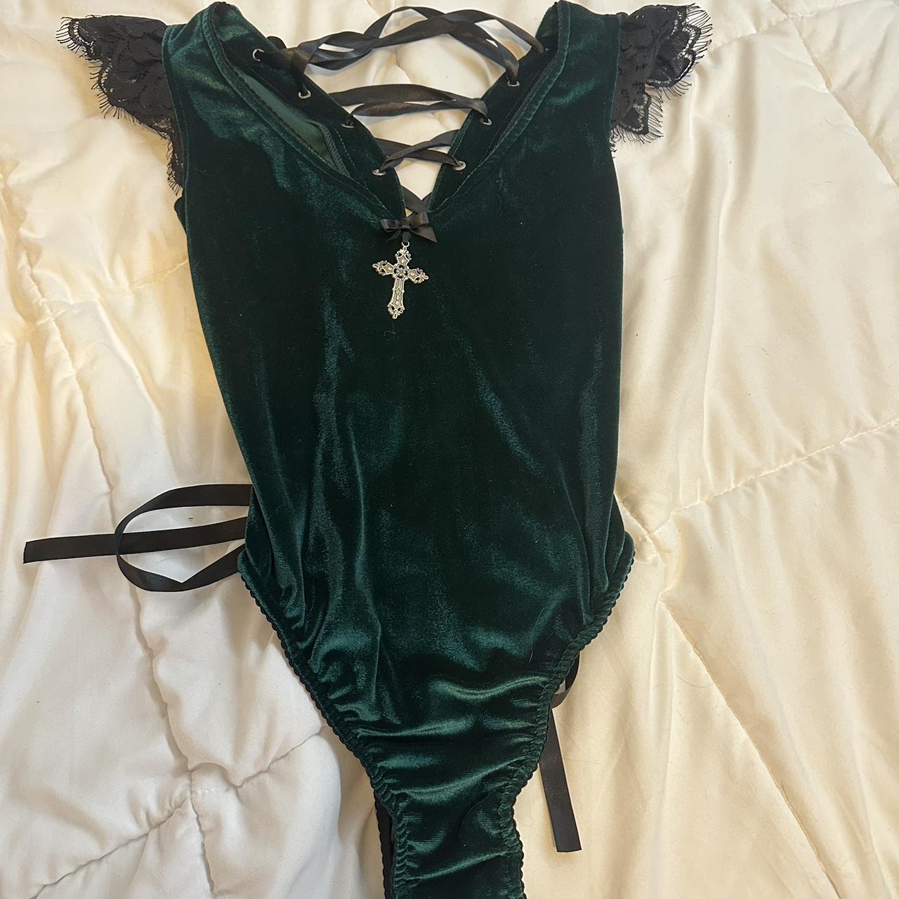 Green velvety body suit button to close bottom lace... - Depop