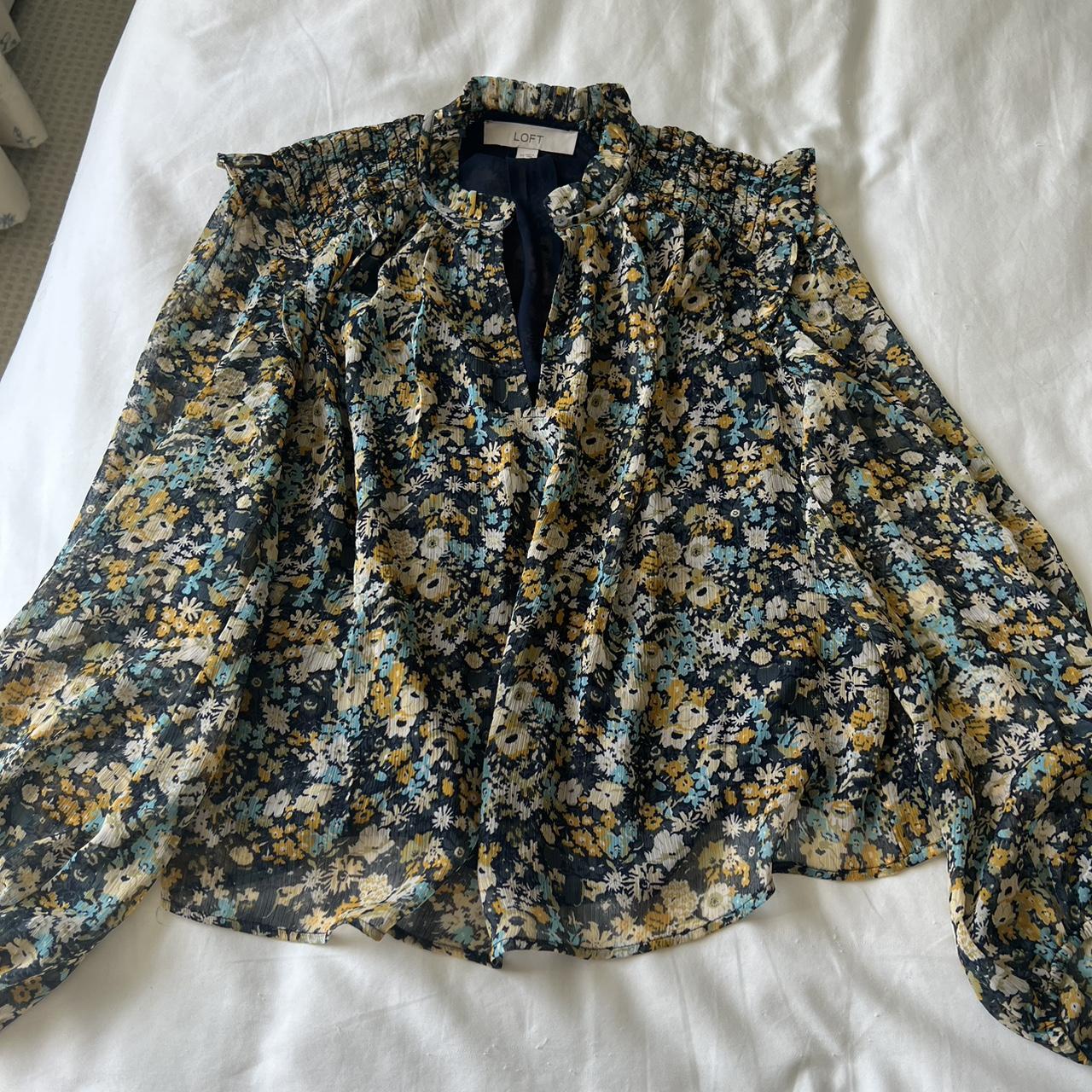 LOFT Women's Blue and Yellow Blouse | Depop