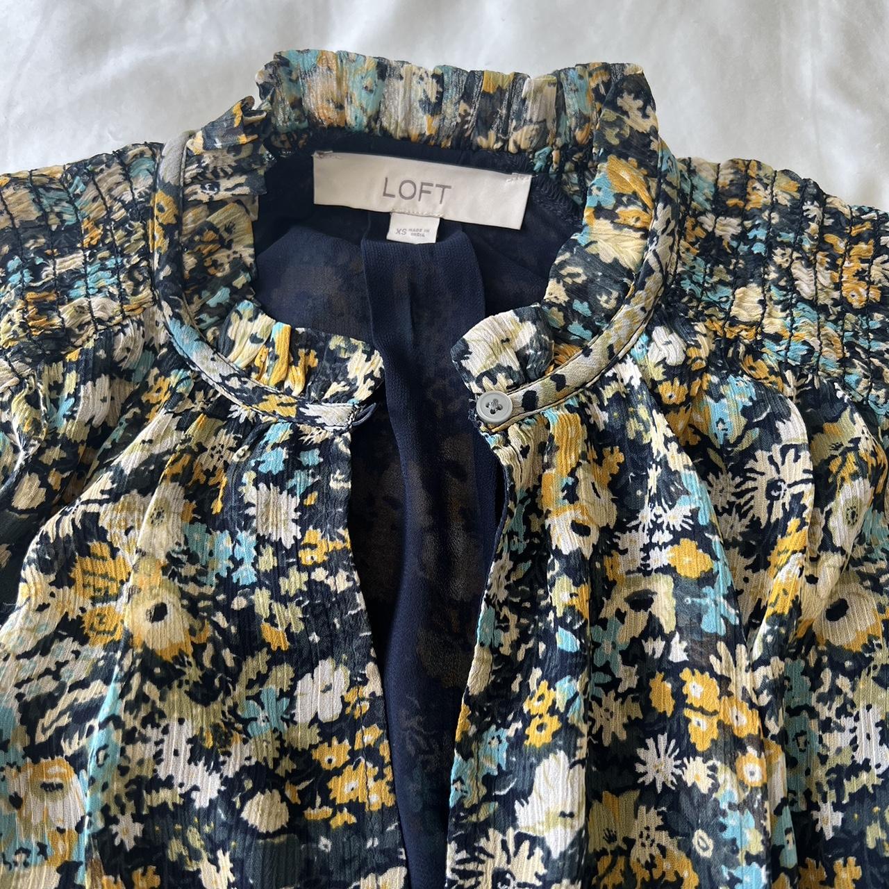 LOFT Women's Blue and Yellow Blouse | Depop