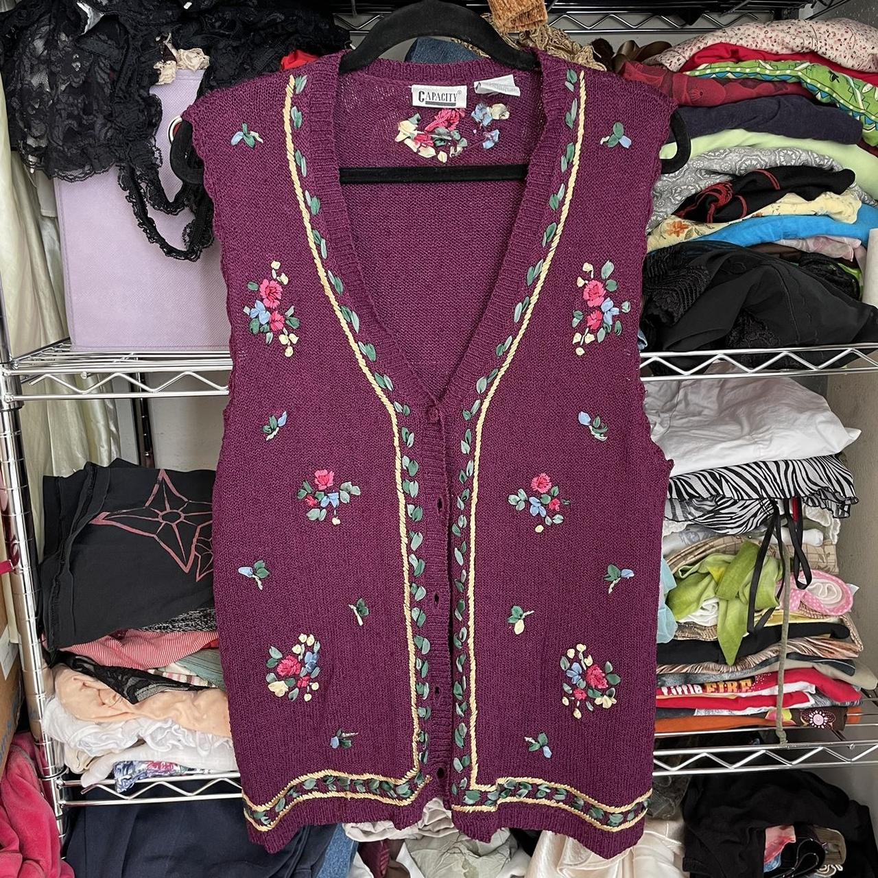 purple embroidered floral vest dainty embroidered... - Depop